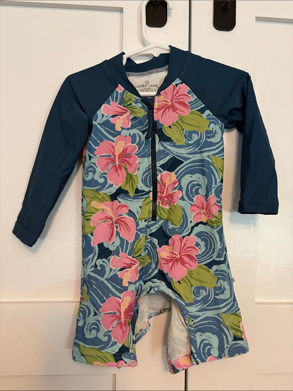 Caden Lane Navy and Pink Floral Long-Sleeve One-Piece Swimsuit